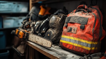 Fototapeta premium A close-up of a metal cutter and a chainsaw used to rescue people trapped in a building are placed next to firefighter's equipment in a storage room.