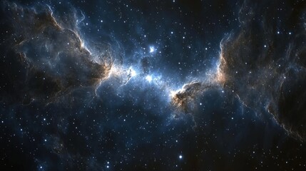 A deep cosmic sky fading into the dark unknown, stars twinkling faintly in the distance, creating a serene and awe-inspiring atmosphere."