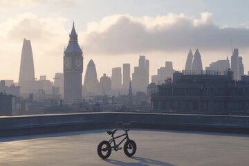 Obraz premium A lone BMX bike sits on a rooftop overlooking the London skyline at sunrise.