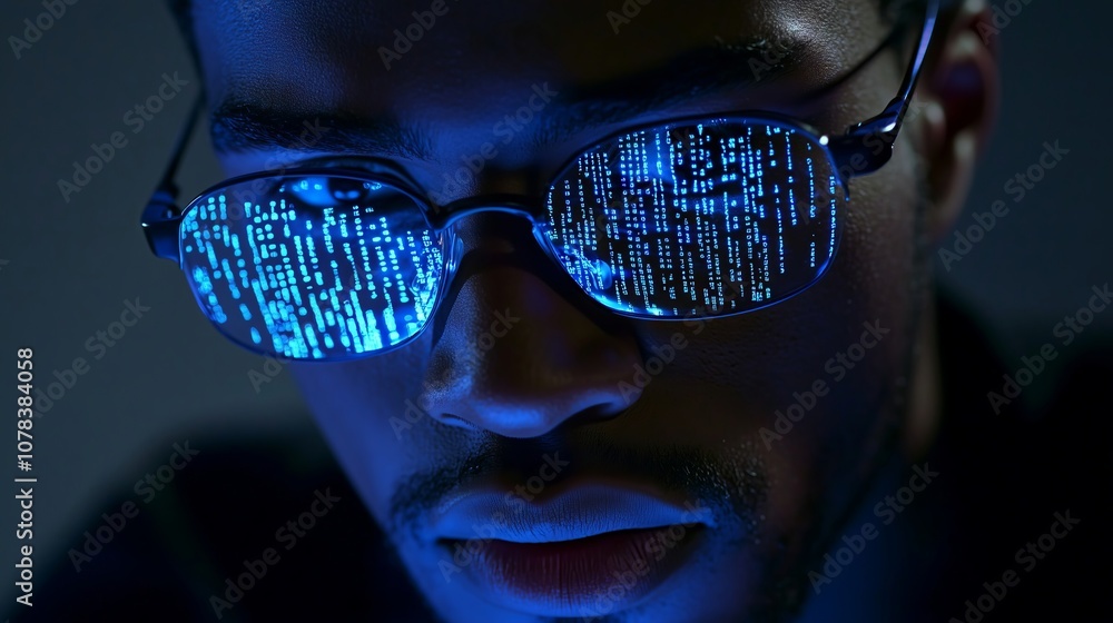 Poster programmer working with futuristic glasses reflecting code in augmented reality