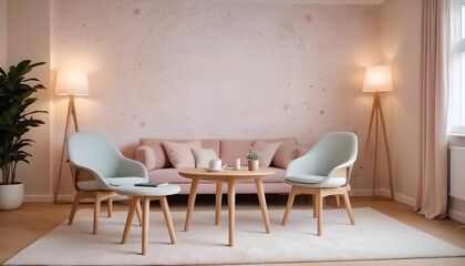 Scandinavian living room interior design zoom background,Doodle Galaxy patterned wallpaper graphics
