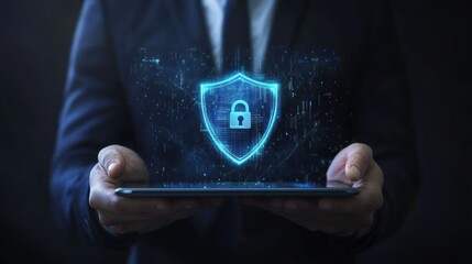 A businessman holds a tablet with a glowing blue shield and padlock icon, representing digital security.