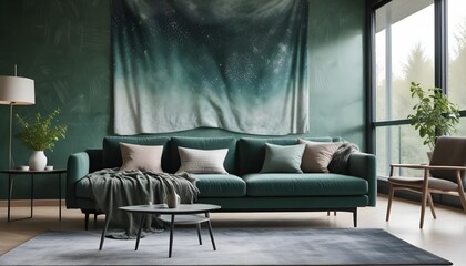 Scandinavian living room interior design zoom background,Doodle Galaxy patterned wallpaper graphics