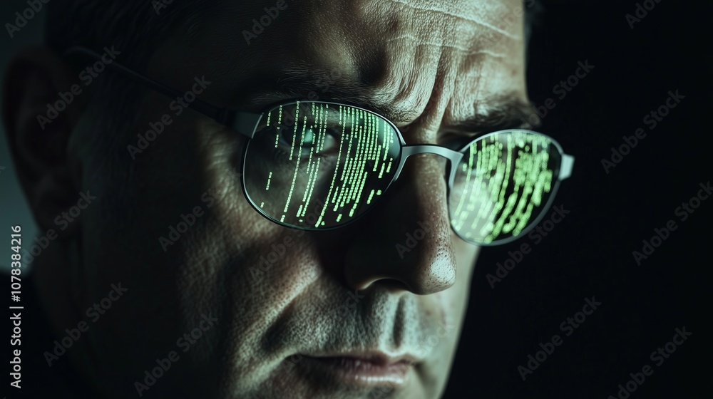 Poster programmer working late at night with green code reflecting in glasses