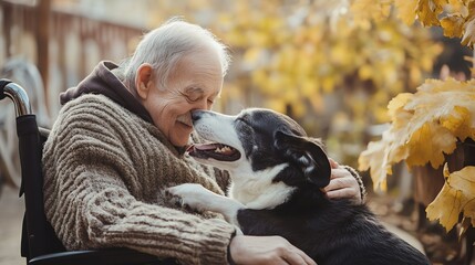 An elderly man in a wheelchair smiles as he pets his dog.