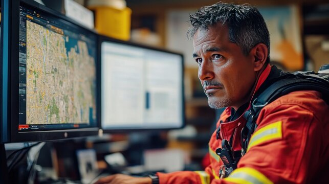 A firefighter checks surveillance systems and building maps in the office to determine rescue routes