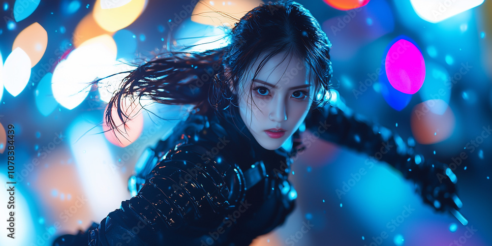 Poster woman in futuristic armor poses dynamically against vibrant, neon lit cityscape, exuding intensity and focus. scene is filled with colorful bokeh lights, creating cyberpunk atmosphere
