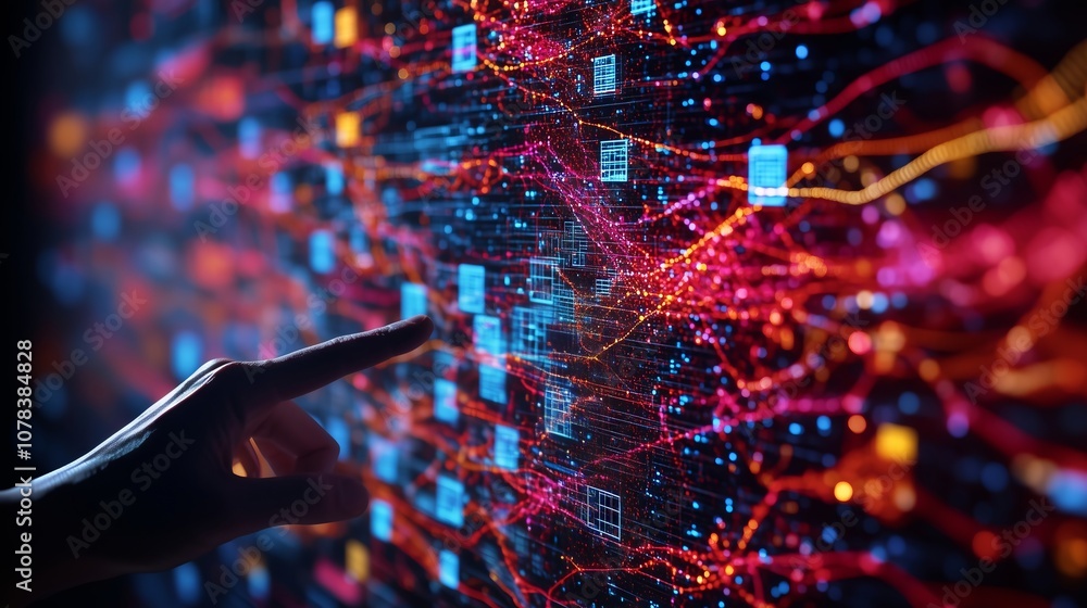 Poster software engineer pointing at futuristic data flow visualization on digital screen