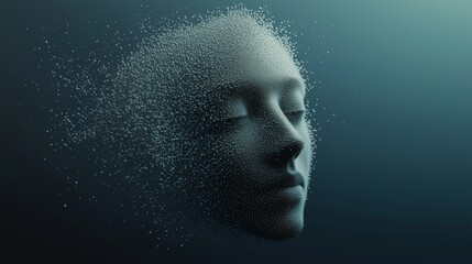 Artificial intelligence face dissolving into particles on dark background