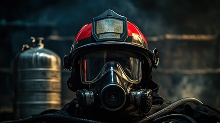 Fototapeta premium A firefighter's helmet with reflective strips and a face shield mounted on the front, is placed next to an oxygen tank and fire protection suit