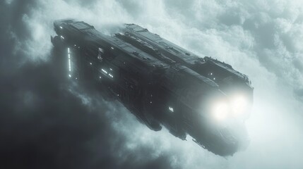 Fototapeta premium A futuristic spaceship with a bright light cascade through the cosmic fog.