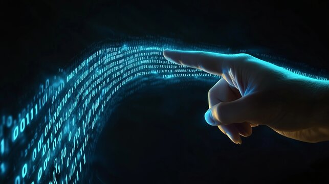 Programmer touching futuristic stream of binary code data flow
