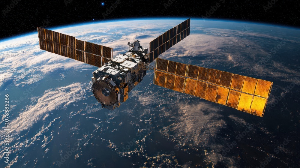 Poster a satellite using multispectral imaging technology to analyze changes in terrain and environment.