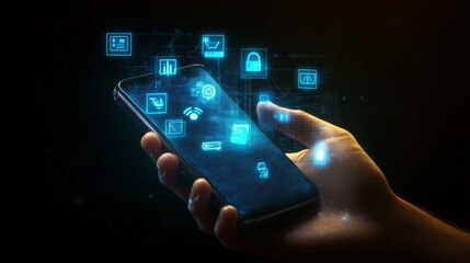 Businessman using smartphone with hologram of internet of things icons