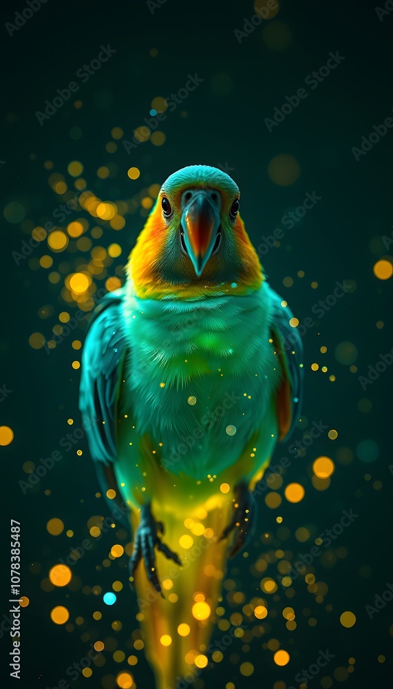 Poster A Vigorously Animated Parrot Creating a Stunning Visual Effect with its Disintegration into Glowing Particles for Creative Projects
