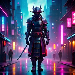 Fototapeta premium A lone samurai in a neon-lit cityscape with a blend of traditional samurai armor and cyber-enhanced