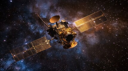 A secret space spy satellite is scanning the Earth's surface in detail amid a cosmic landscape.