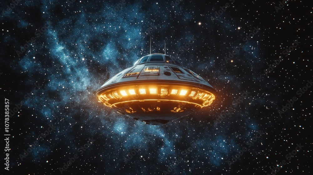 Poster a spaceship floating in the dark space with twinkling stars as a backdrop.