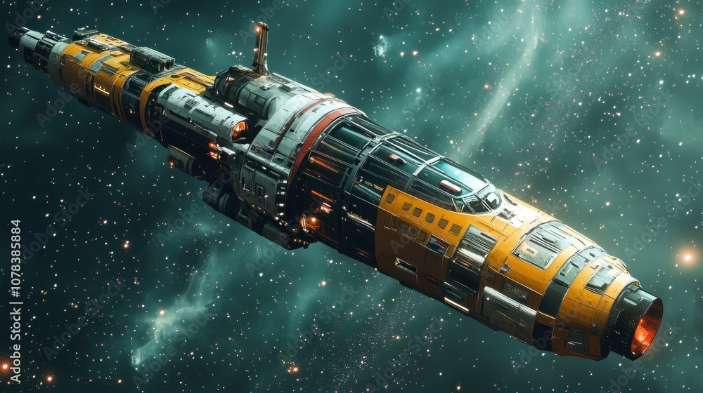 Poster a spaceship floating in the dark space with twinkling stars as a backdrop.