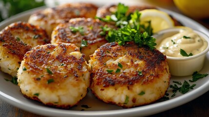 Delicious Crab Cakes with Lemon Aioli and Fresh Parsley Garnish