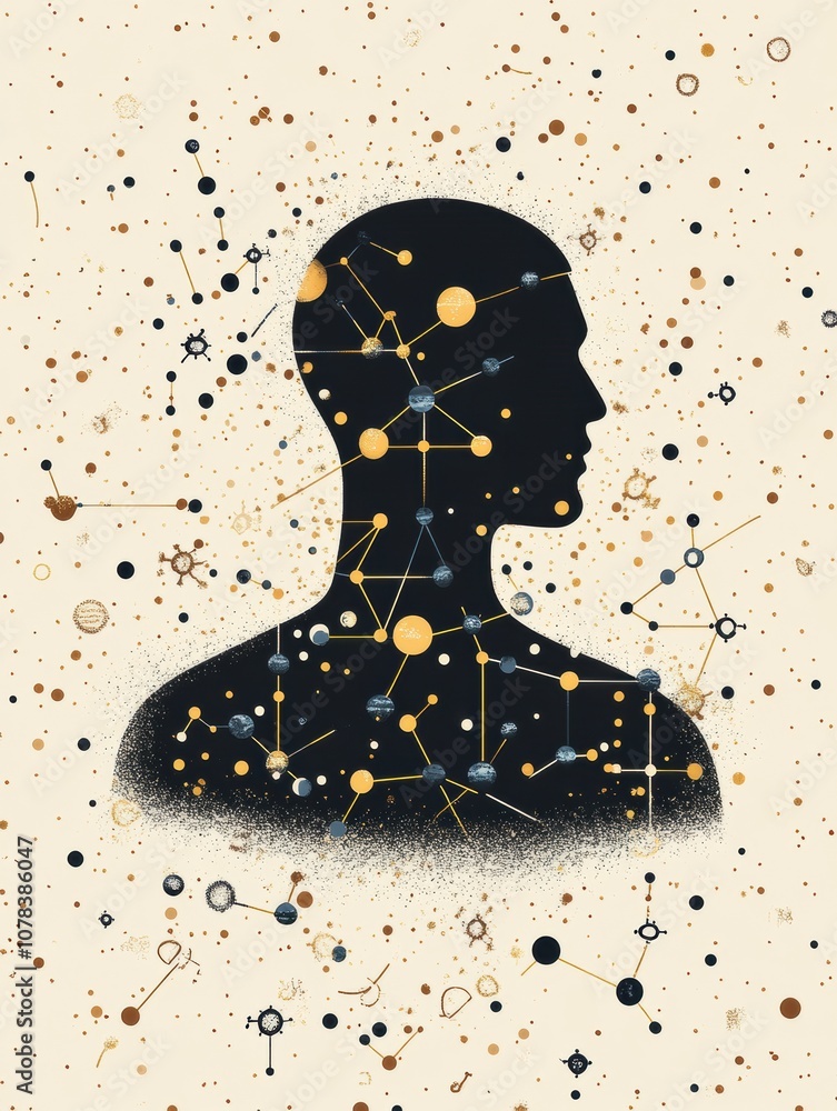 Poster a human silhouette is surrounded by colorful molecular diagrams, symbolizing the intersection of sci