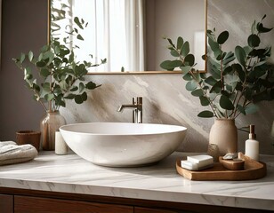 Fototapeta premium Bathroom with Modern Fixtures, Marble Sink, and Eucalyptus Decor