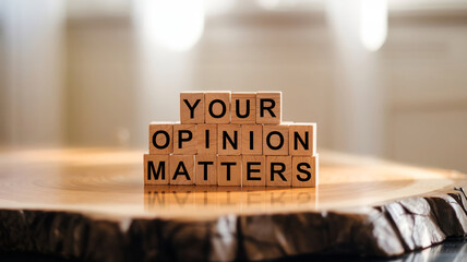 Three wooden blocks stacked on a polished surface display "Your opinion matters." With natural light and a softly blurred background, the image conveys a warm, supportive message valuing personal pers