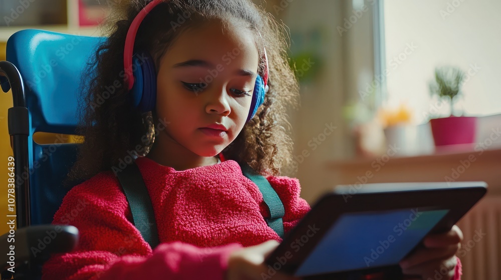 Poster assistive reading software on a tablet, helping students with learning challenges follow along with 