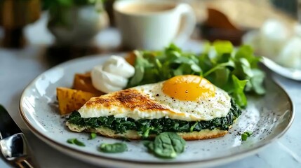 A plate of food with an egg, orange slices, spinach, and tomatoes.