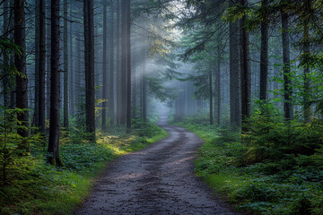 Fototapeta premium Quiet forest trail shrouded in morning mist near a serene grove