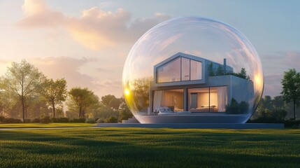 Beautiful house inside a glass bubble, symbolizing modern and protected lifestyle, on a soft gradient