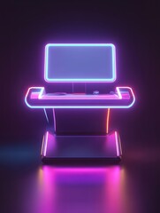 A futuristic kiosk with a glowing neon design, intended for interactive use.