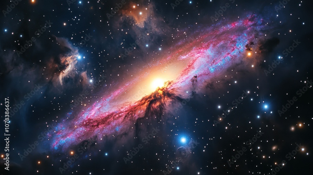 Poster bright galaxy spiraling in space, star clusters and cosmic clouds creating a colorful spectacle in t