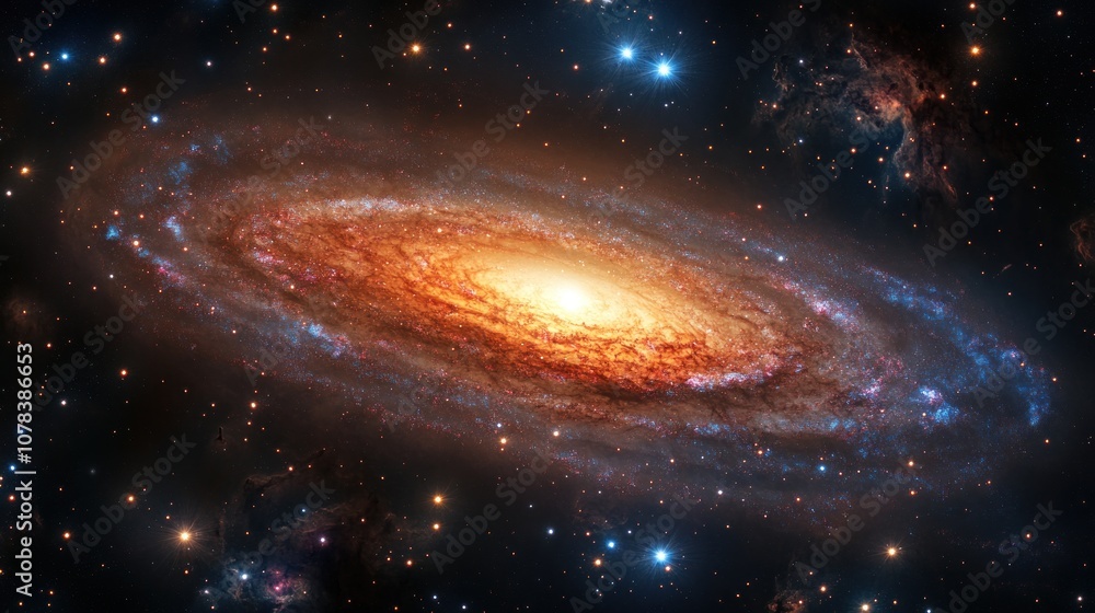 Poster bright galaxy spiraling in space, star clusters and cosmic clouds creating a colorful spectacle in t