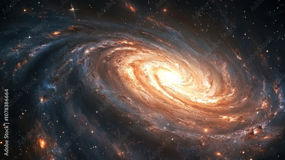 Poster bright galaxy spiraling in space, star clusters and cosmic clouds creating a colorful spectacle in t