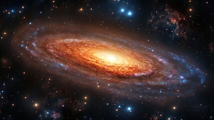 Bright galaxy spiraling in space, star clusters and cosmic clouds creating a colorful spectacle in the vast darkness of the universe."