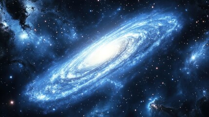 Bright galaxy swirling through the night sky, its spiral arms illuminated by countless stars and cosmic gases in an ethereal display of light."