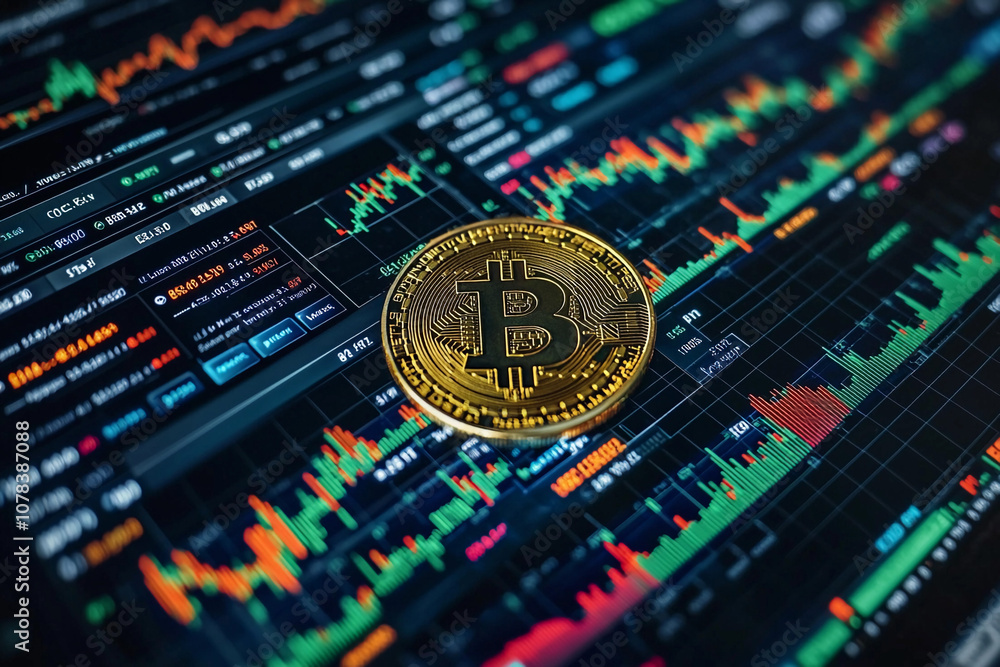 Poster bitcoin cryptocurrency on a trading chart with fluctuating values