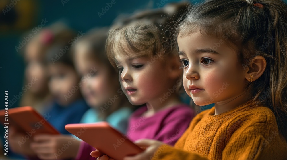 Poster children learning coding with an innovative educational app, digital challenges and interactive less