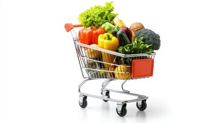 Fully stocked shopping cart with an assortment of groceries, isolated on white for a clean, vibrant look.