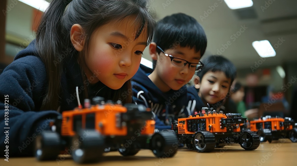Poster children learning programming with robotics kits, technology integrated into their curriculum for ha