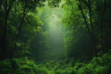 Fototapeta premium Dense green forest with mist rising in early morning light