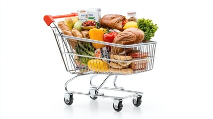 Full shopping cart with fresh and packaged foods, standing isolated on a white background for a clean display.
