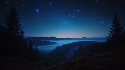 Clear night sky filled with brilliant stars, the dark horizon of trees or hills adding to the quiet beauty of the starlit scene."