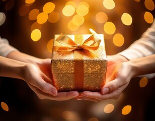 Hands with gift in golden background for Christmas. Generated image