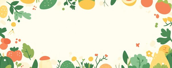 A colorful border of various vegetables and herbs on a light background.
