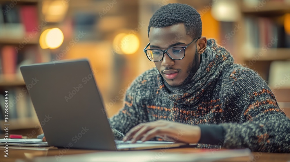 Poster college student taking notes during an online lecture, screen filled with virtual presentations and 