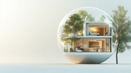 Contemporary home inside a glass bubble, showcasing security and comfort, floating over a neutral background
