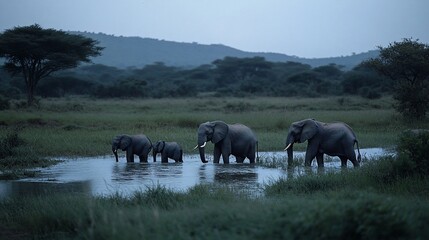 Obraz premium A herd of four African elephants walks through a shallow water source in a savanna at dusk.