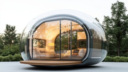 Contemporary glass house enclosed in a bubble, showing security and comfort, isolated on white